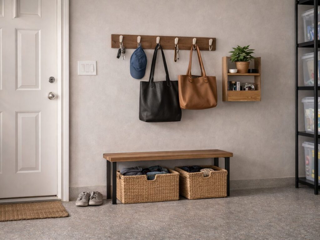 Simple, organized entryway with hooks, bench seating, and hidden storage baskets.
