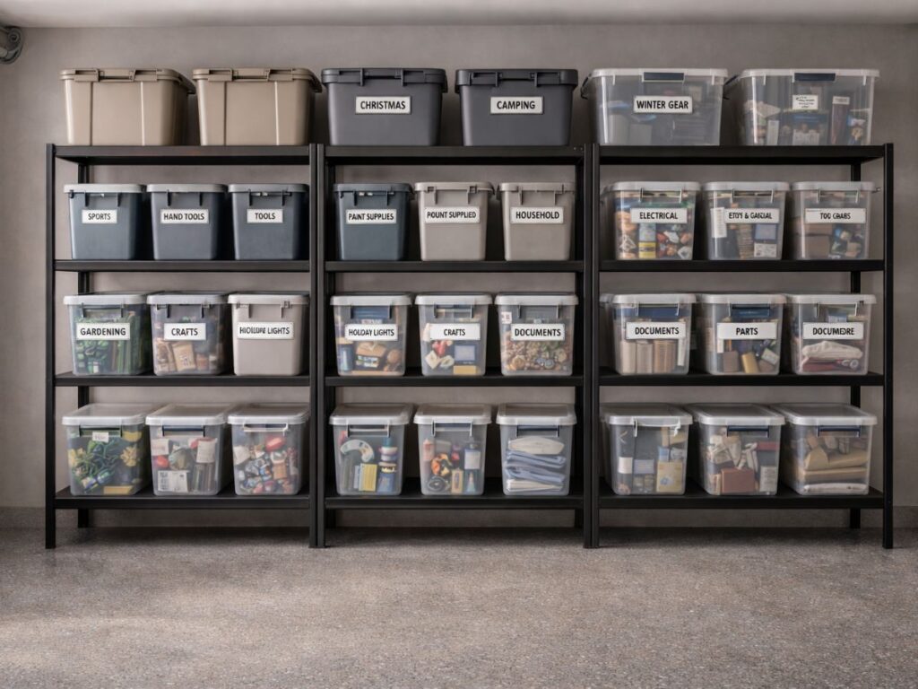 Fully labeled storage shelves that keep everything visible, sorted, and easy to find.