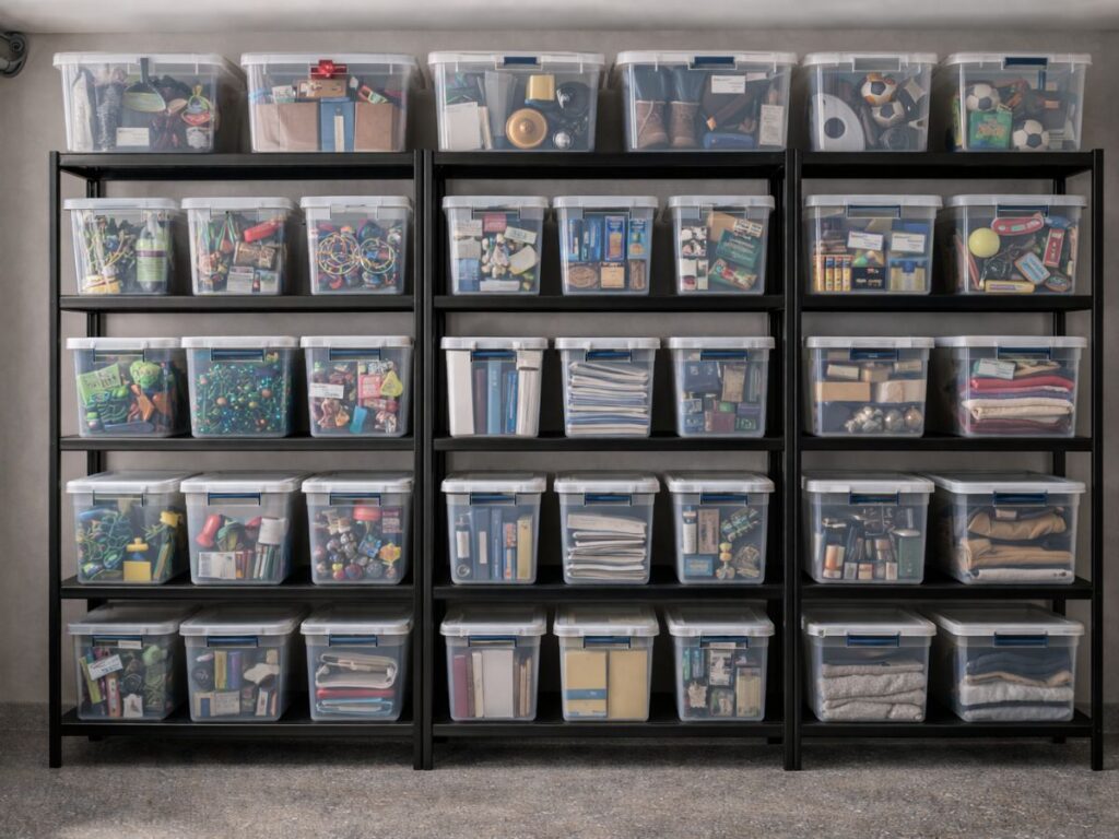 Neatly organized shelves filled with clear labeled storage bins.