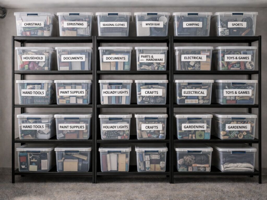 Organized garage storage with clearly labeled bins for easy access.