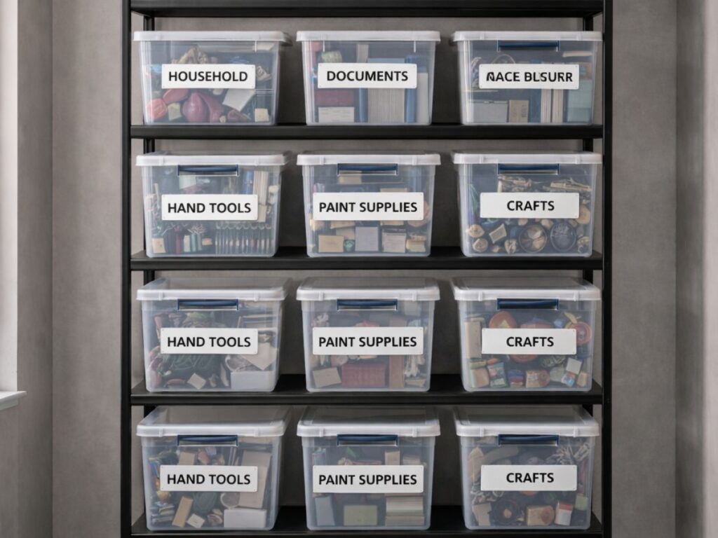 Tall shelving unit with neatly labeled storage bins, organized by category.