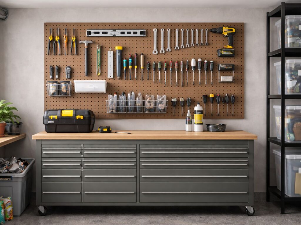 Wall-mounted pegboard with neatly arranged tools above a garage workbench.