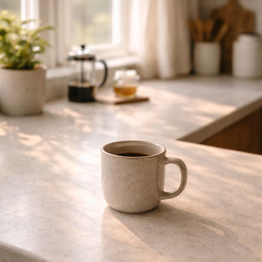 Ceramic coffee mug on a sunlit kitchen counter with soft morning light.