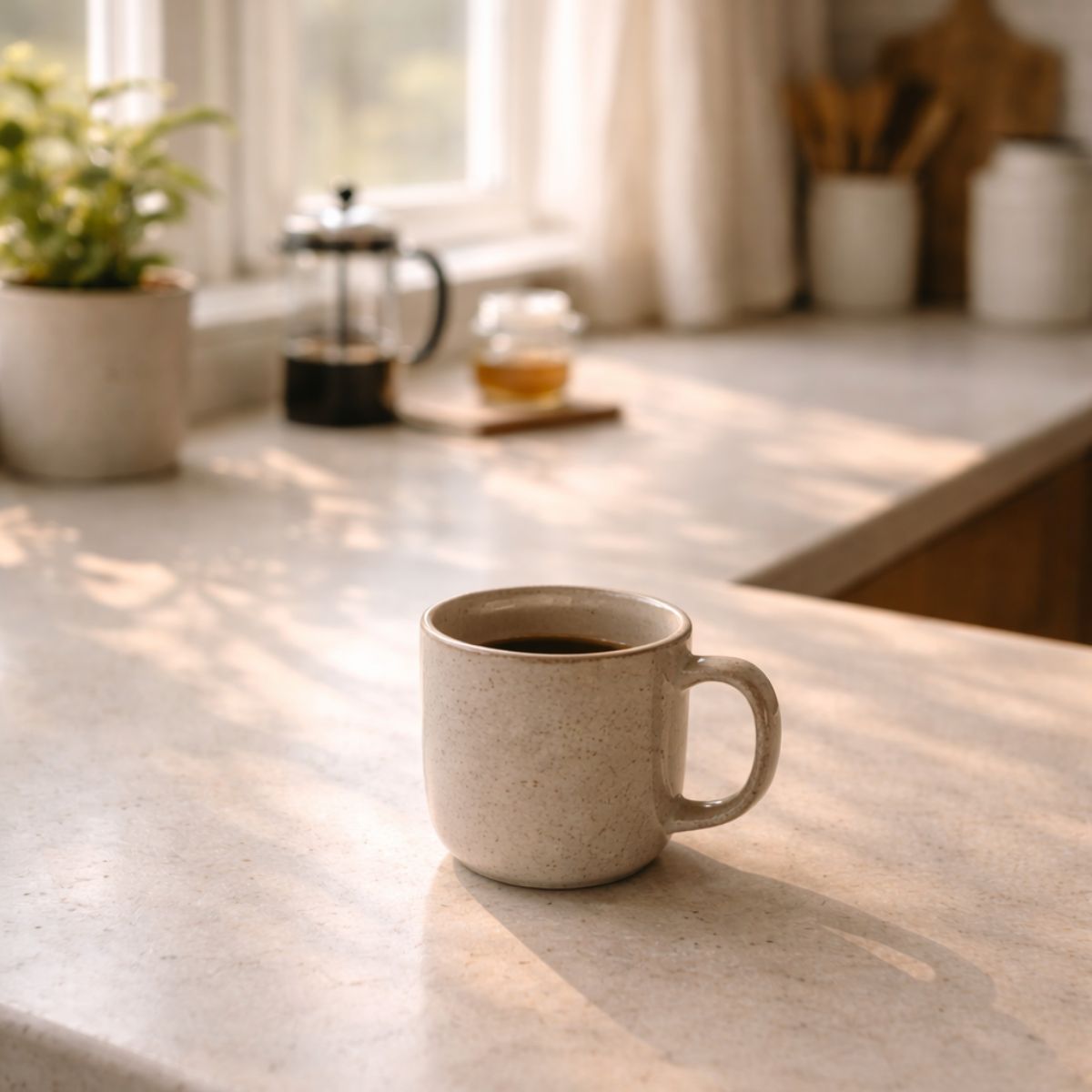 Ceramic coffee mug on a sunlit kitchen counter with soft morning light.