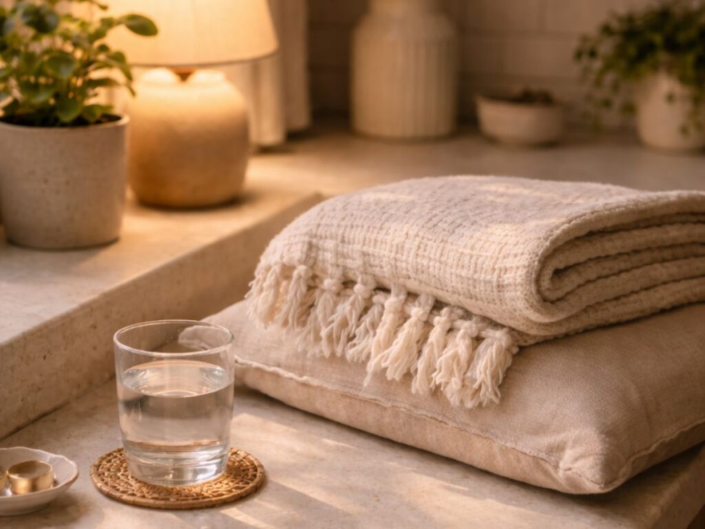 Folded blanket and water glass on a calm, softly lit home counter.