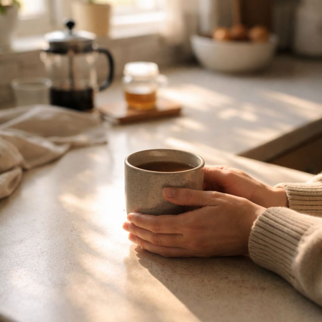 Hands holding a ceramic mug of tea or coffee on a sunlit kitchen counter, creating a calm and cozy morning atmosphere.