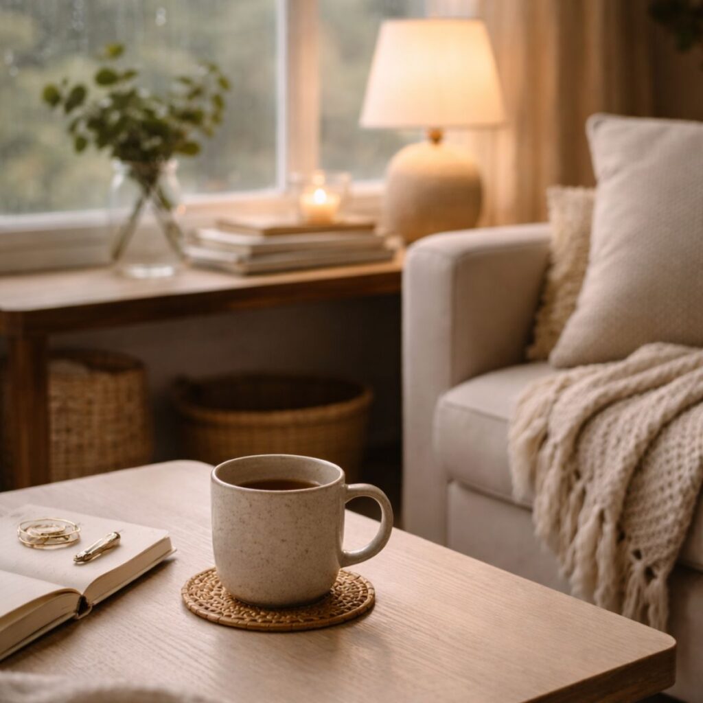 Ceramic mug of coffee on a stone countertop beside folded neutral blankets, softly lit by a candle in a cozy, calm room.