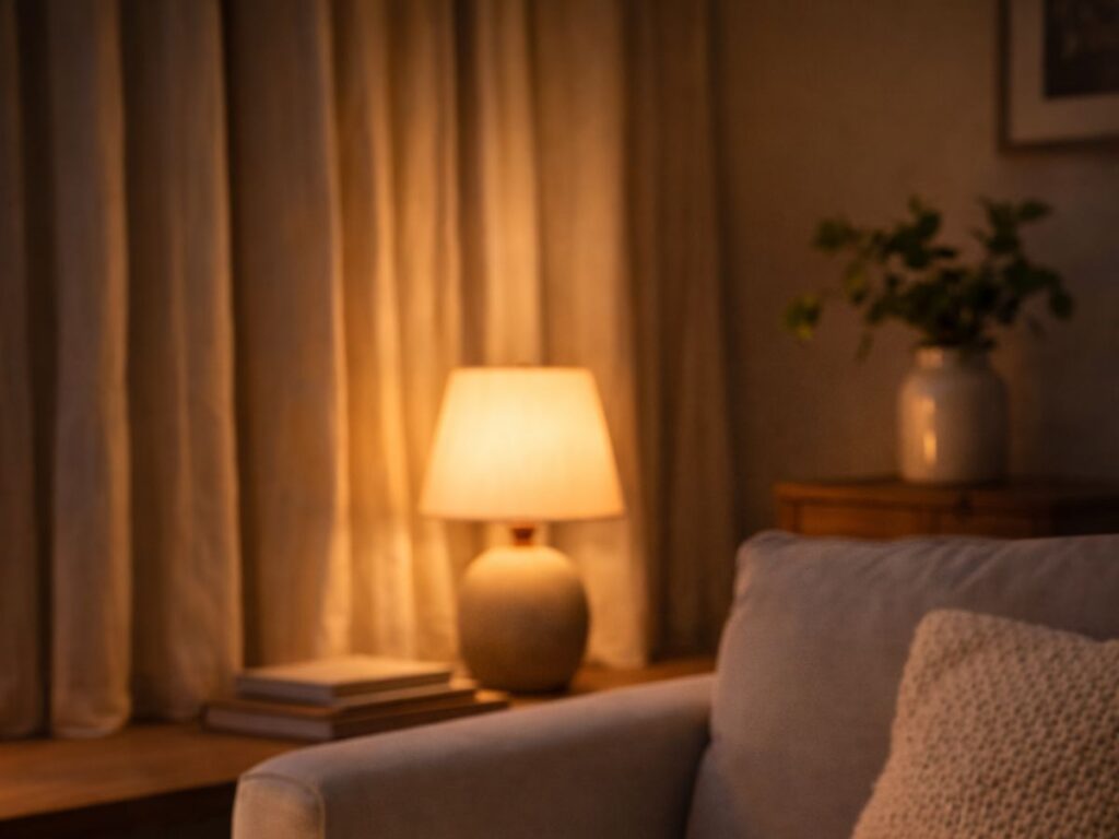 Warm table lamp glowing beside a sofa with soft pillows and curtains, creating a calm, cozy evening atmosphere.