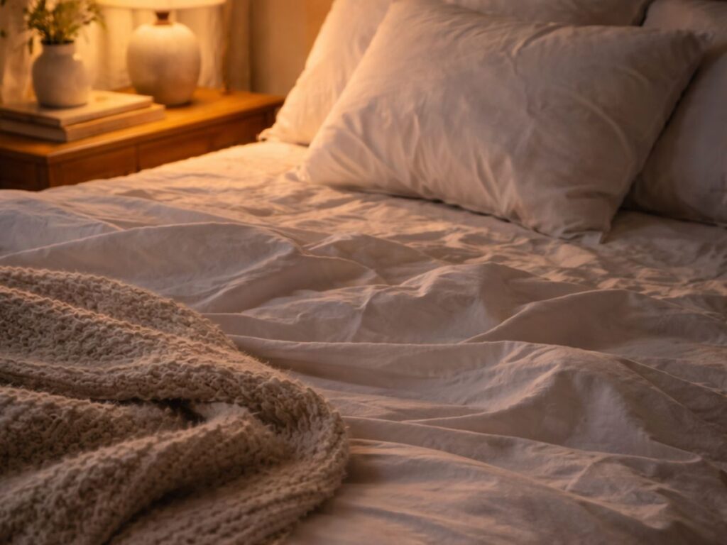 Softly lit bed with white pillows and a knitted blanket, creating a calm, cozy nighttime bedroom scene.