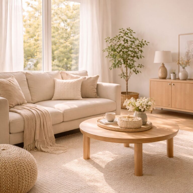 A bright, cozy living room with a neutral sofa, textured pillows and throw, a round wooden coffee table with a cup and flowers, and soft natural light streaming through sheer curtains, creating a calm, warm, and lived-in lifestyle atmosphere.