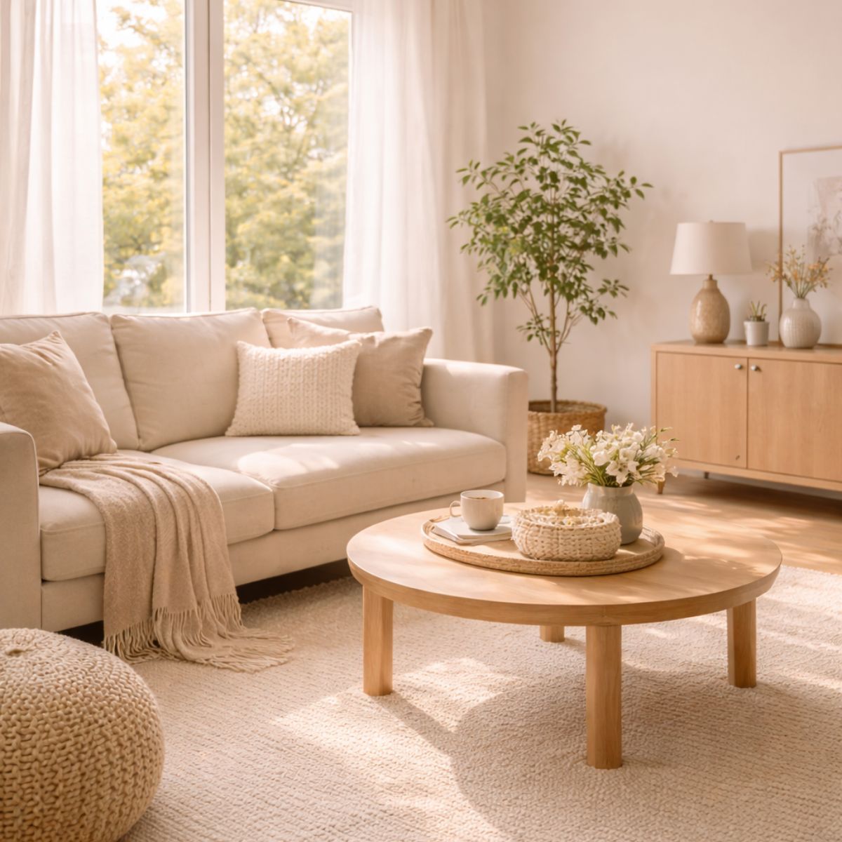 A bright, cozy living room with a neutral sofa, textured pillows and throw, a round wooden coffee table with a cup and flowers, and soft natural light streaming through sheer curtains, creating a calm, warm, and lived-in lifestyle atmosphere.