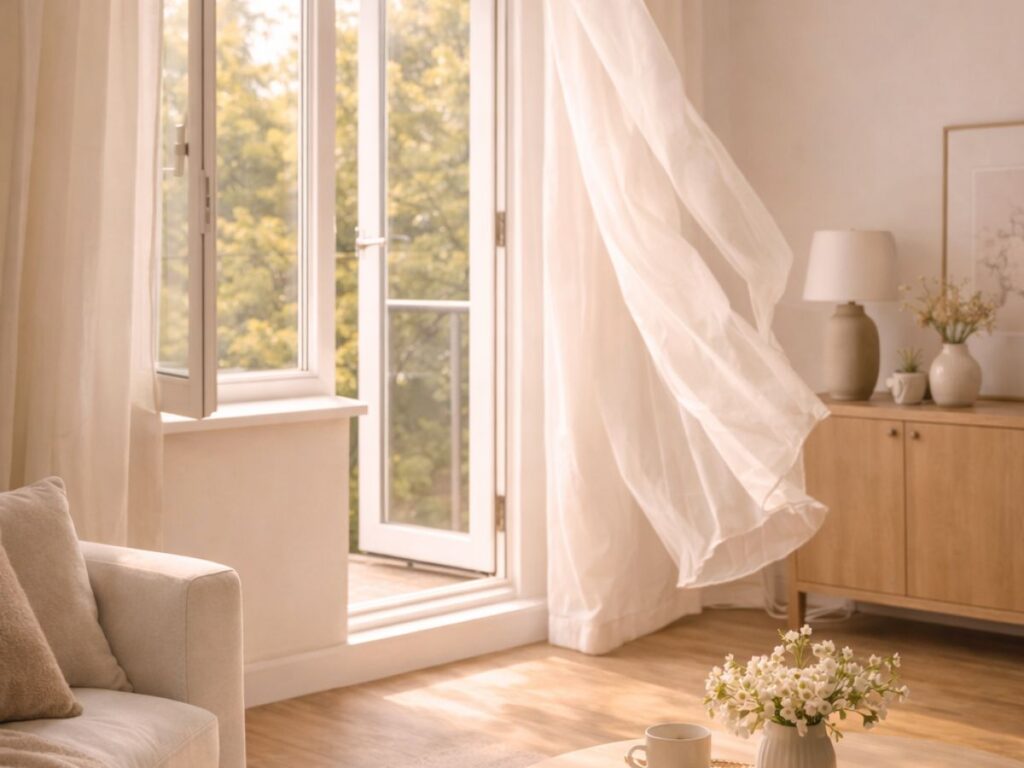Sunlit living room with sheer curtains blowing by an open window, a neutral sofa, and a round wooden coffee table set with a cup and flowers, creating a calm, airy morning atmosphere.