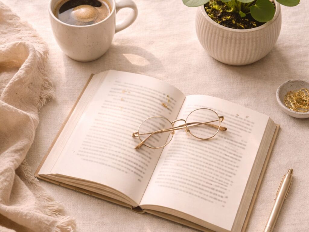 Open book with reading glasses, a cup of coffee, and a small potted plant on a soft linen surface, lit by warm morning sunlight for a quiet, cozy lifestyle moment.