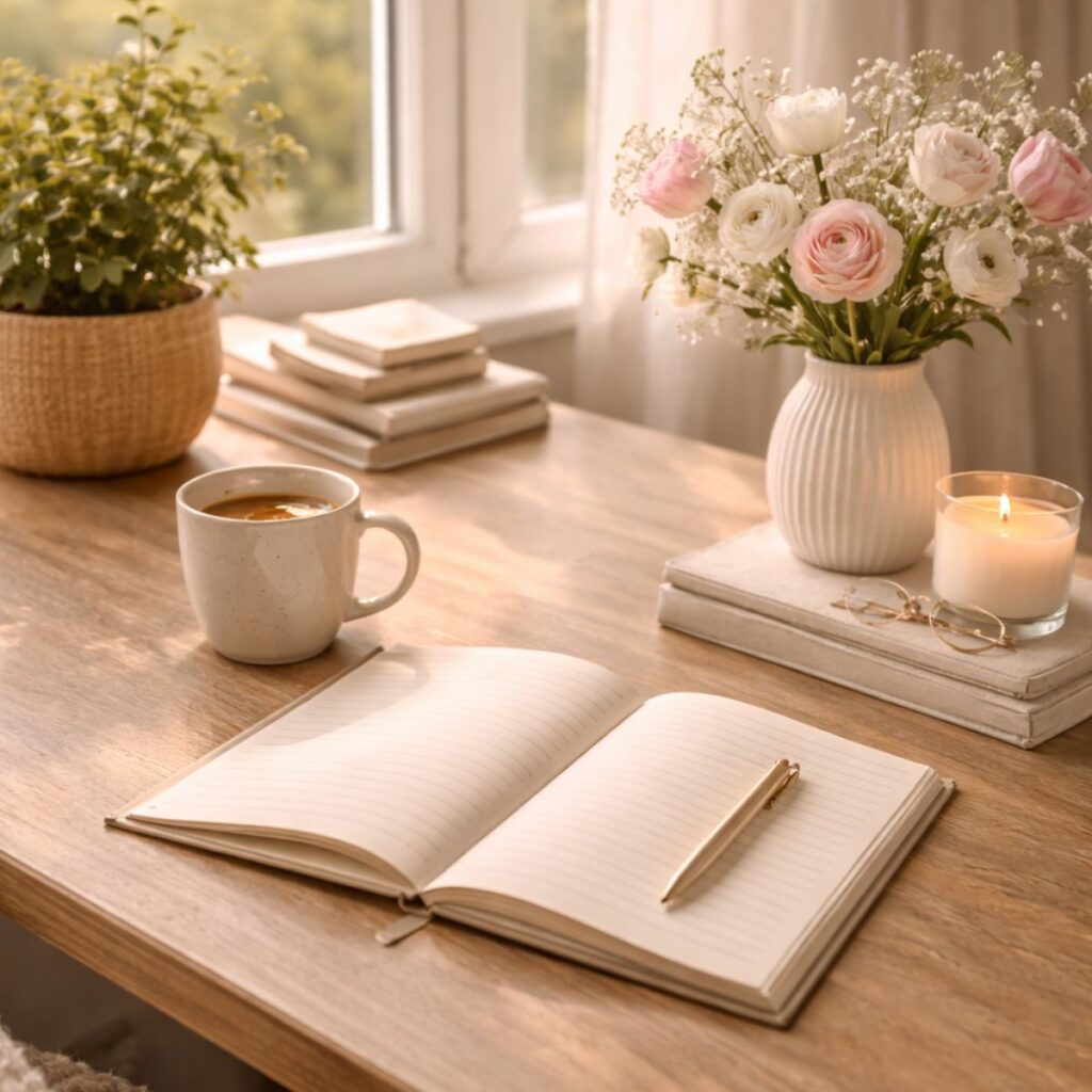 Open notebook and pen on a wooden desk with a coffee mug, flowers, and a lit candle by the window in warm morning light.