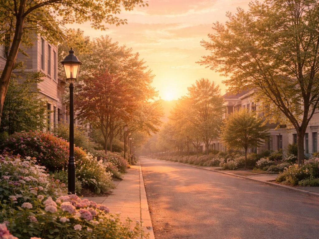 Quiet tree-lined neighborhood street at sunrise, with warm golden light, blooming flowers along the sidewalk, and soft pastel sky creating a calm, peaceful morning atmosphere.