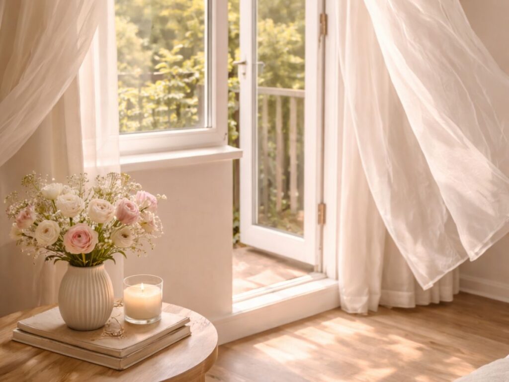 Sunlit bedroom with sheer white curtains drifting by an open window, soft morning light spilling onto wooden floors, and a small table holding fresh flowers and a lit candle, creating a calm, airy, peaceful mood.