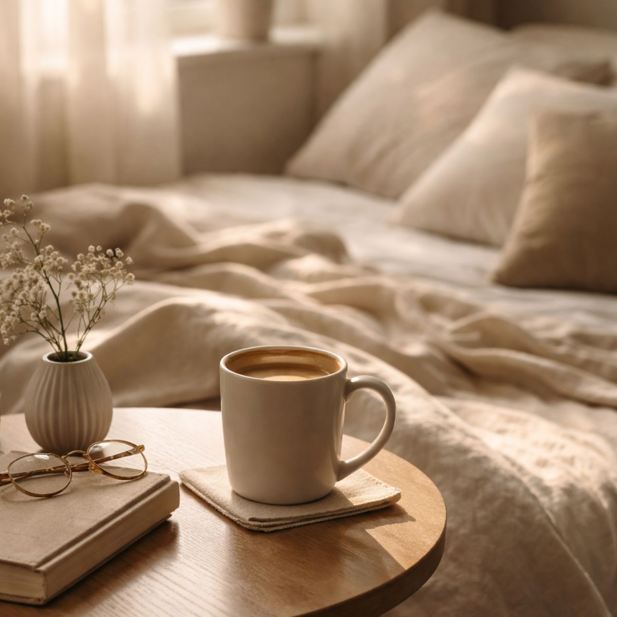 Morning coffee on a bedside table with a book, glasses, and soft sunlight over rumpled bed linens.