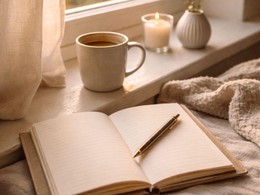 Open journal with a pen beside a coffee mug and candle on a sunlit windowsill.