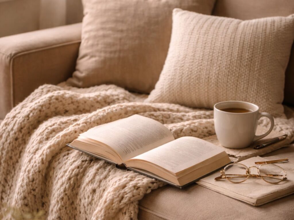 Open book, coffee mug, and glasses resting on a cozy sofa with soft pillows and a knitted blanket.