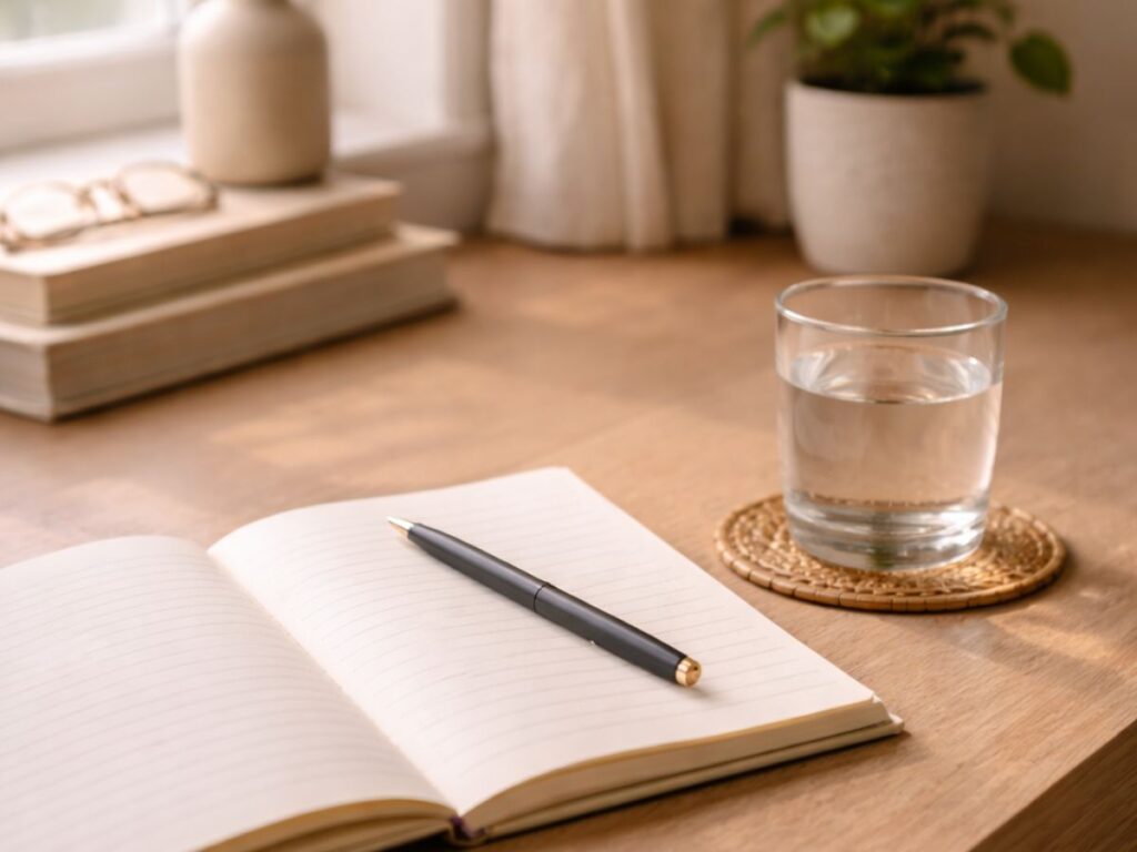 Open notebook and pen on a wooden desk beside a glass of water, softly lit by a nearby window in a calm, quiet space.