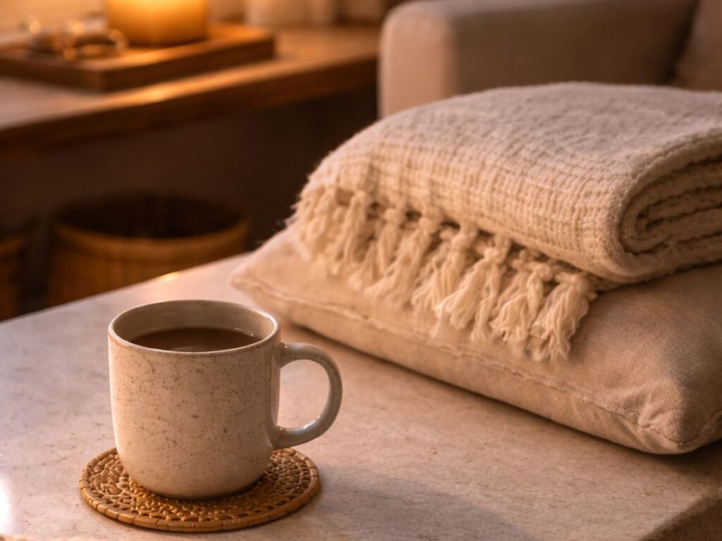 Ceramic mug of coffee on a stone countertop beside folded neutral blankets, softly lit by a candle in a cozy, calm room.