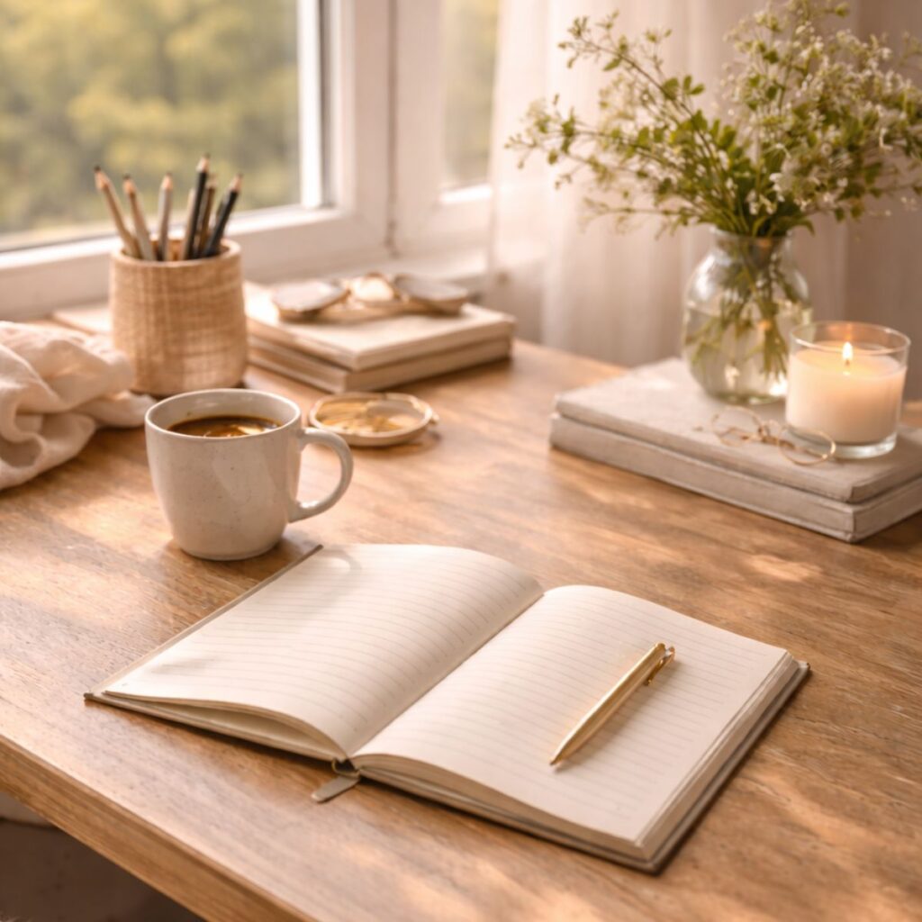 Sunlit wooden desk by a window with an open notebook and pen, a warm cup of coffee, soft florals in a glass jar, and a lit candle, creating a calm, cozy morning writing atmosphere.