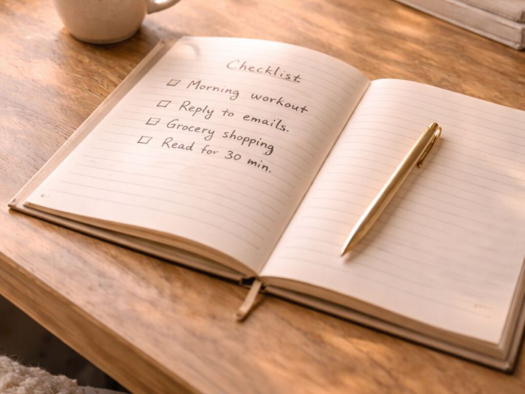 Sunlit wooden desk by a window with an open notebook showing a simple morning checklist, a gold pen, a warm cup of coffee, soft flowers in a glass jar, and a lit candle, creating a calm, intentional start-the-day workspace.