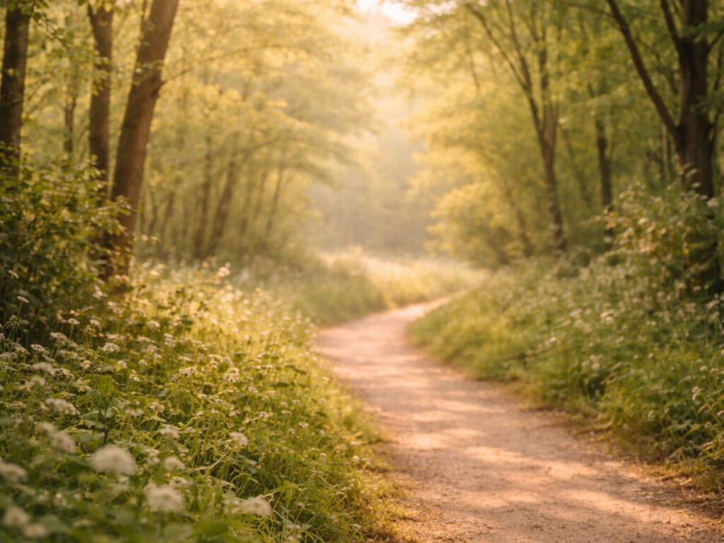 A quiet dirt path winding through a sunlit forest, lined with soft green foliage and wildflowers, creating a peaceful, reflective atmosphere that suggests slow progress and calm forward movement.
