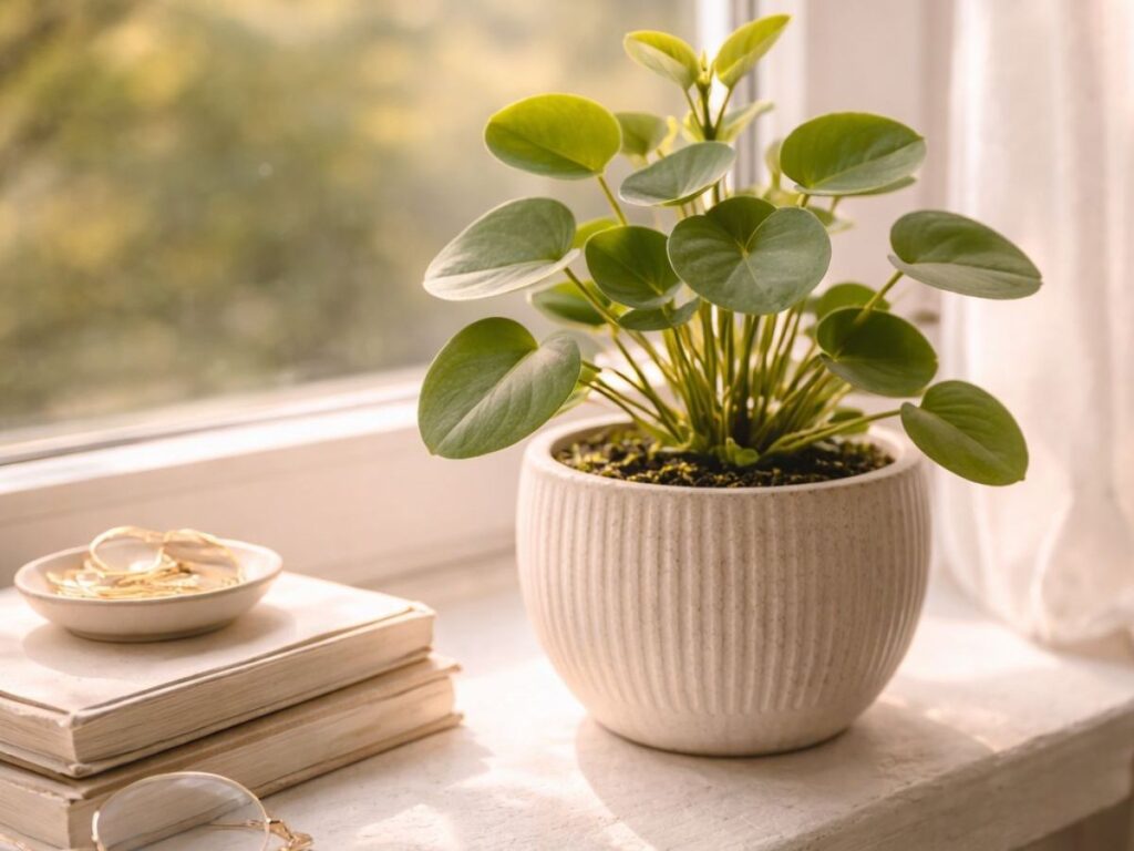 A small potted houseplant sitting on a sunlit windowsill beside stacked books and a pair of glasses, with soft morning light and greenery outside creating a calm, cozy, and intentional lifestyle scene.