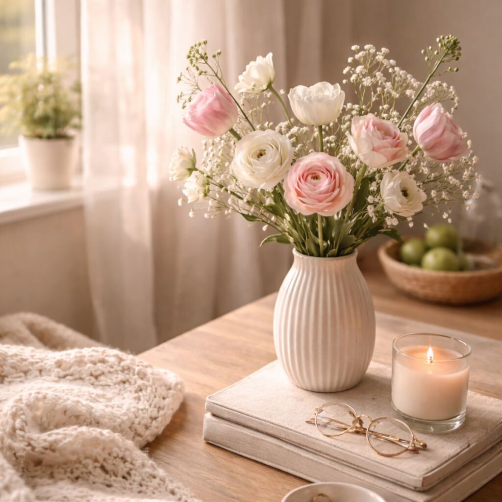 Soft pink and white flowers in a vase beside a candle, book, and glasses on a sunlit table.