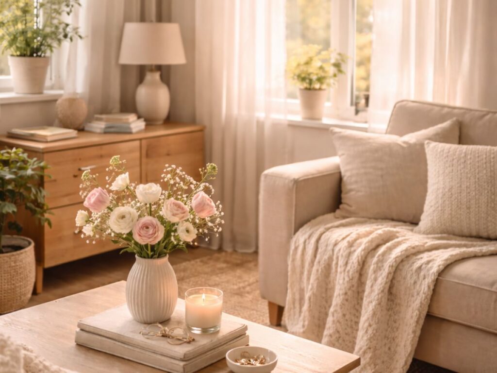 Sunlit living room with soft neutral furniture, fresh flowers, candles, and cozy textures near large windows.