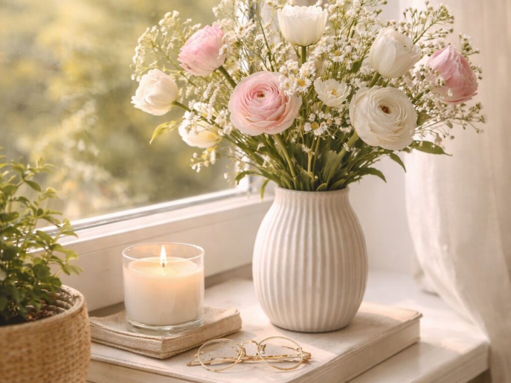 Fresh flowers in a vase with a lit candle and glasses on a windowsill in soft morning light.