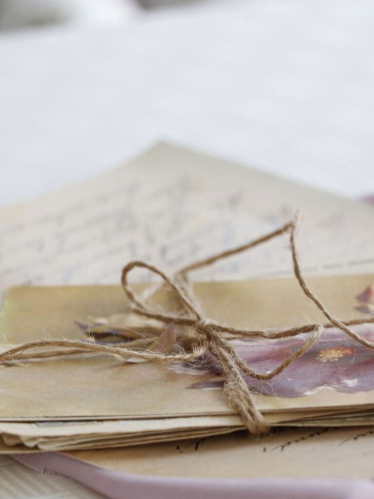 Stack of handwritten letters tied with twine on a light background.