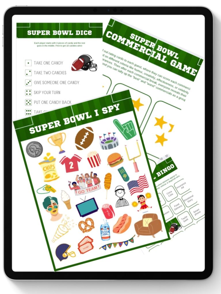 Super Bowl party games printable bundle displayed on a tablet screen.