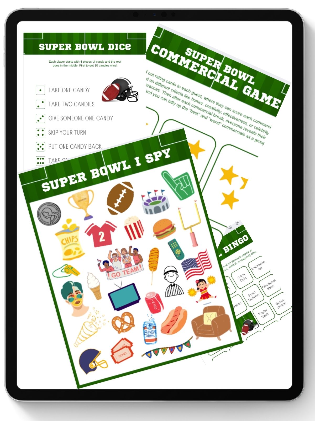Super Bowl party games printable bundle displayed on a tablet screen.