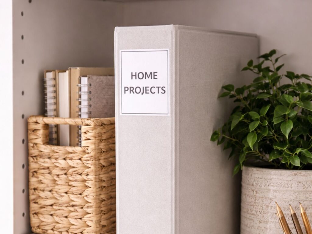 White binder labeled “HOME PROJECTS” on a bookshelf beside stacked books, a woven basket, and a potted plant.