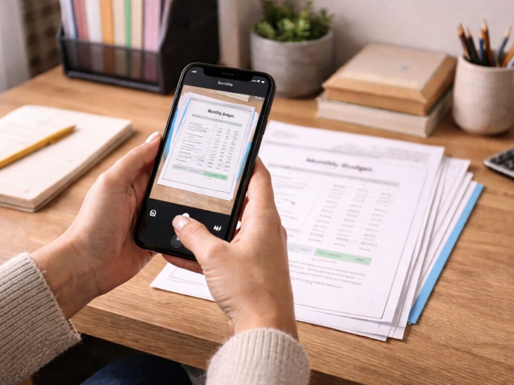 Person using a smartphone to scan a monthly budget document on a wooden desk with papers and office supplies nearby.