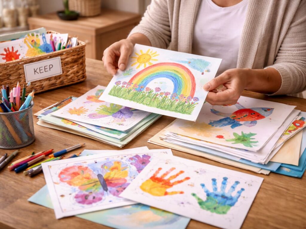 Person sorting children’s artwork at a table, holding a rainbow drawing with stacks of colorful paintings and crayons nearby, beside a basket labeled “KEEP.”