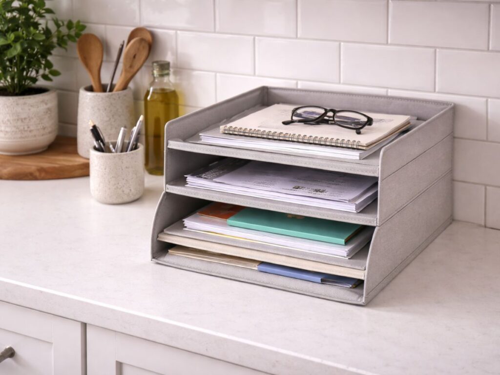 Three-tier gray desk organizer filled with papers and notebooks on a white countertop, with glasses on top and pens and kitchen items in the background.