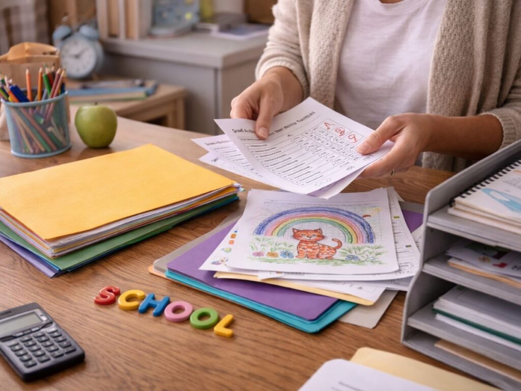 Person sorting school papers at a desk with folders, a child’s drawing, calculator, and a gray paper organizer nearby.