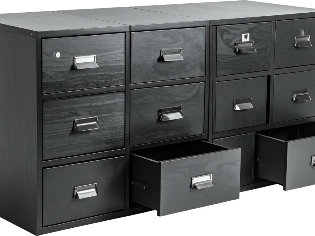 Black multi-drawer storage cabinet with several drawers partially open.