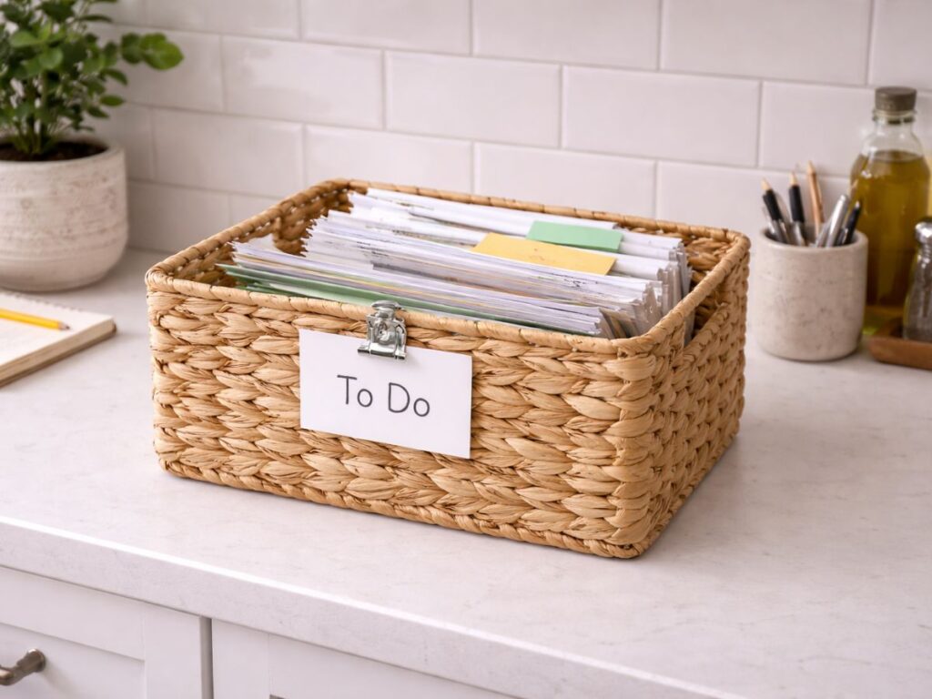 Woven basket filled with sorted papers and folders on a countertop, labeled “To Do” on