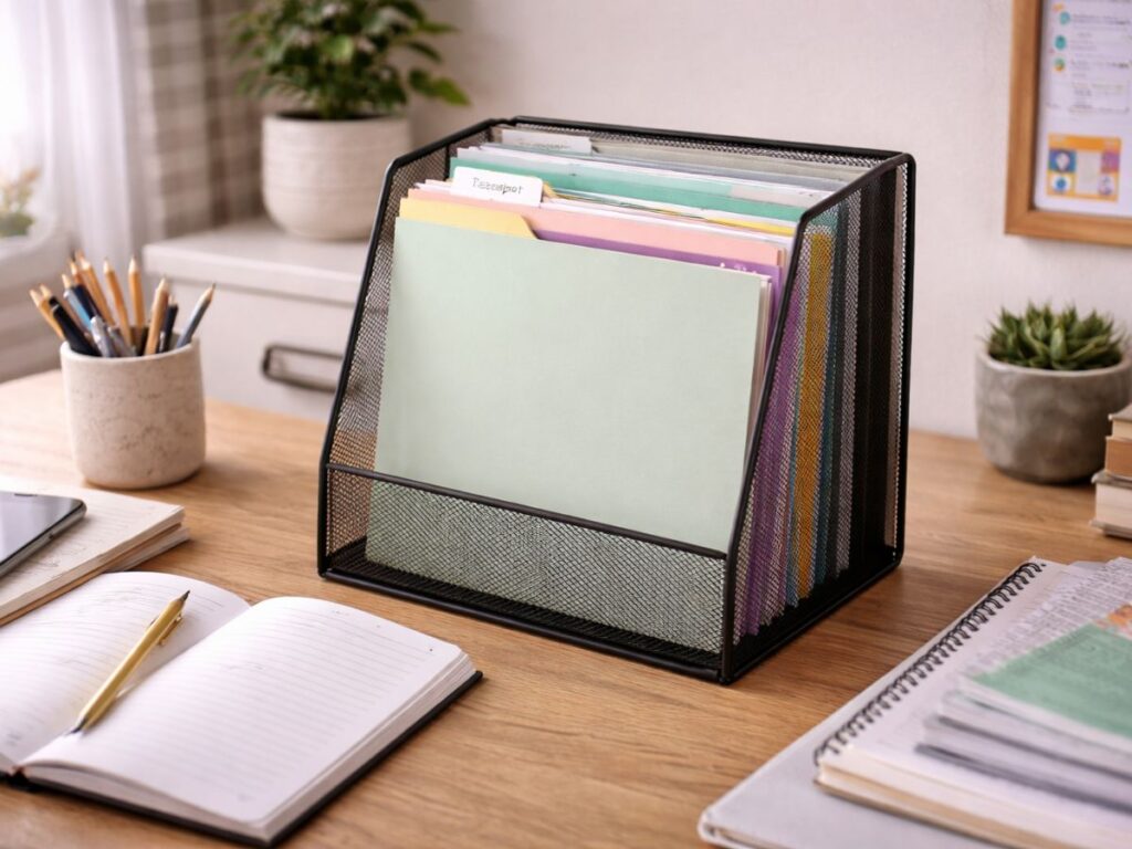 Black mesh file organizer holding colorful folders on a wooden desk with a notebook, phone, and pencils nearby.
