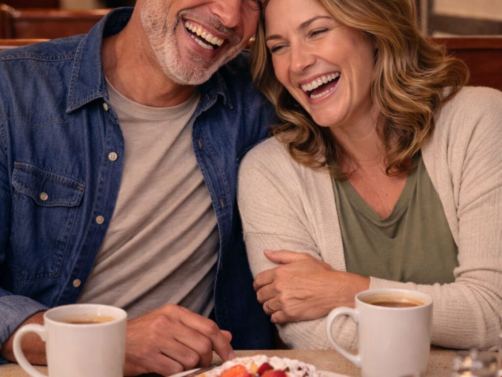 A happy middle-aged couple laughing together at a diner table with coffee and pancakes.
