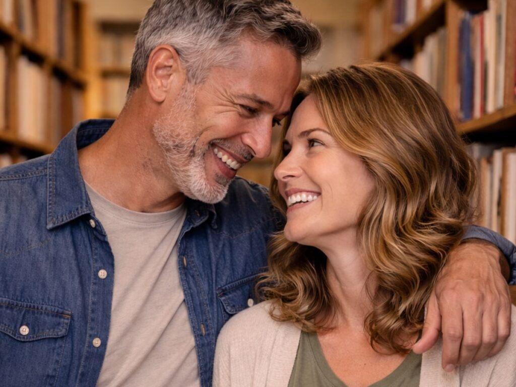 A smiling couple standing close together in a library, sharing a warm moment while holding an open book.