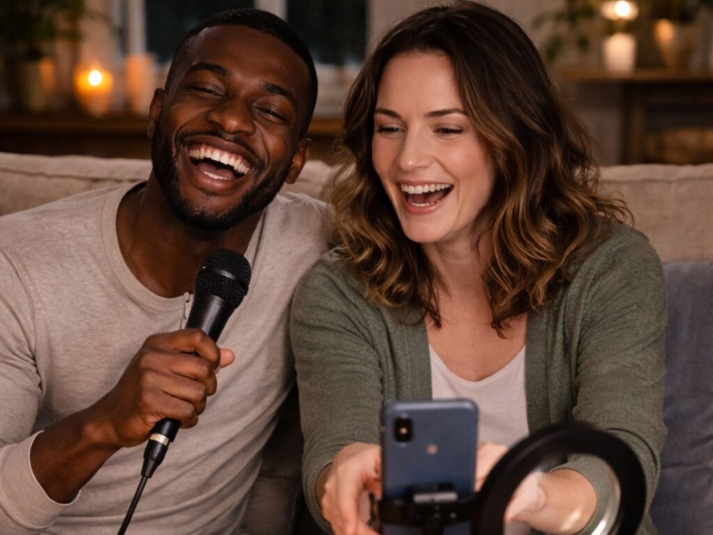 A couple sitting close together on a couch, smiling and laughing while recording themselves with a smartphone on a stand. The man is holding a microphone as if they’re singing or doing karaoke, and there’s a ring light set up in front of them. Candles glow softly in the background, creating a cozy, at-home date night atmosphere.