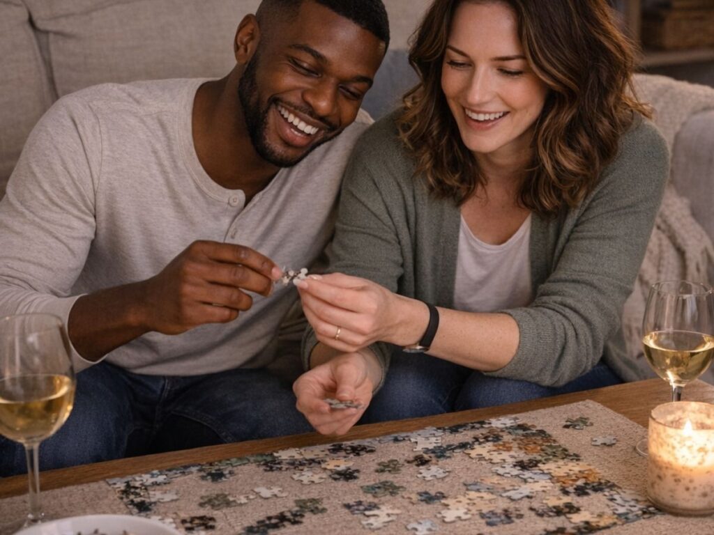 Couple smiling while putting together a jigsaw puzzle at a candlelit coffee table with wine glasses nearby.
