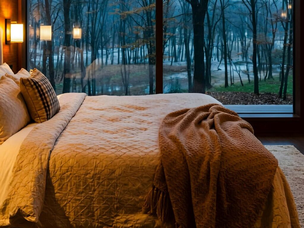 Cozy bedroom with warm lighting and a large floor-to-ceiling window overlooking a rainy, tree-filled landscape.