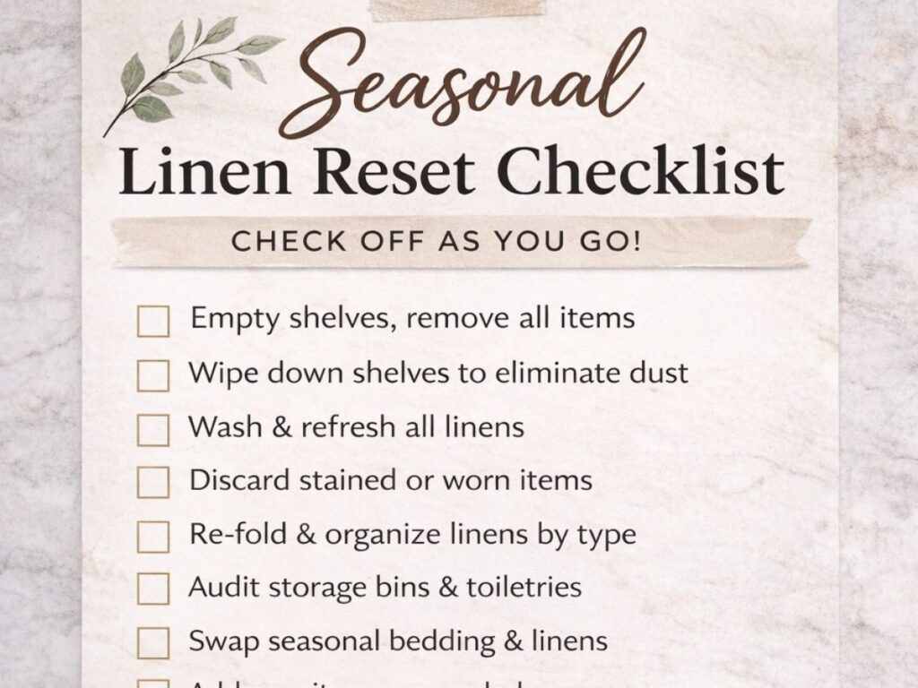 Seasonal Linen Reset Checklist with tasks like emptying shelves, wiping down surfaces, washing and refreshing linens, discarding worn items, reorganizing by type, auditing storage bins and toiletries, and swapping seasonal bedding.