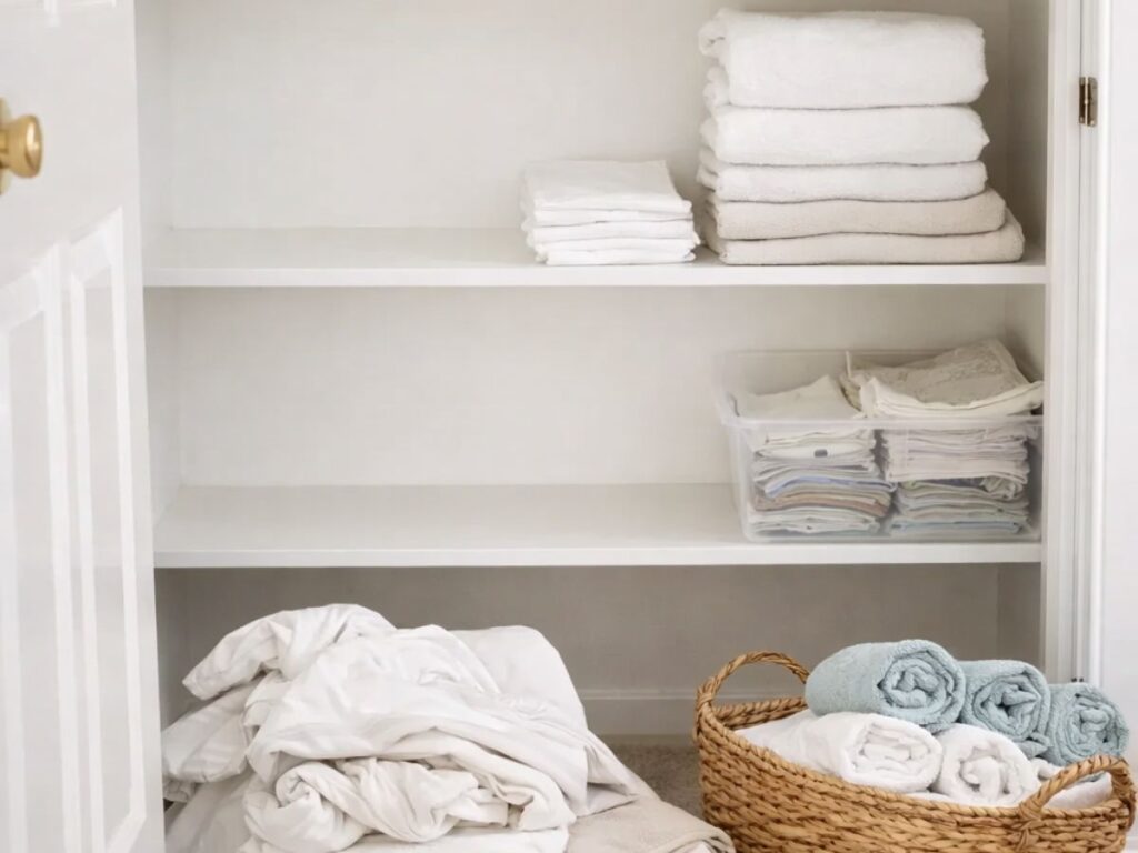 Linen closet with neatly folded towels and sheets on shelves, labeled baskets on top, and a basket of rolled towels beside a small pile of unfolded linens ready to be organized.